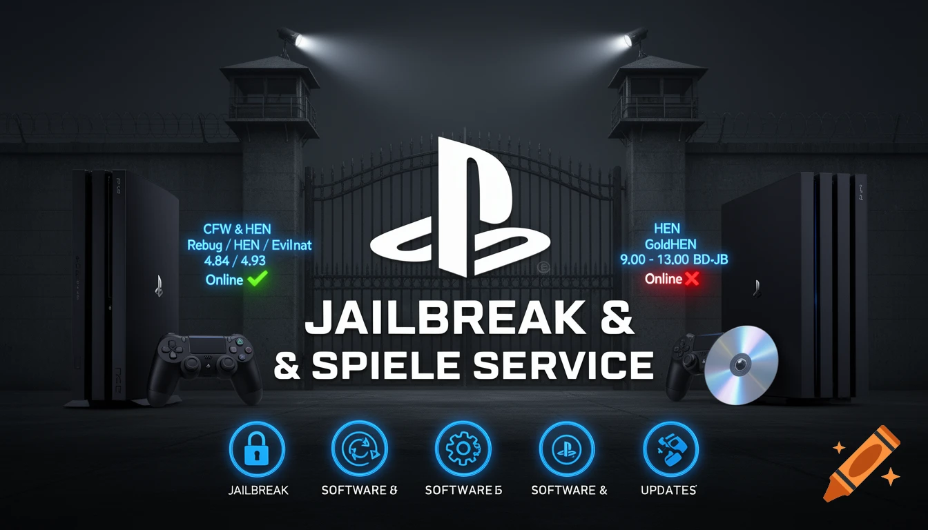 Dark-themed advertisement banner for a PlayStation jailbreak and games service, featuring PS3 Slim and PS4 Pro consoles in front of a prison gate.