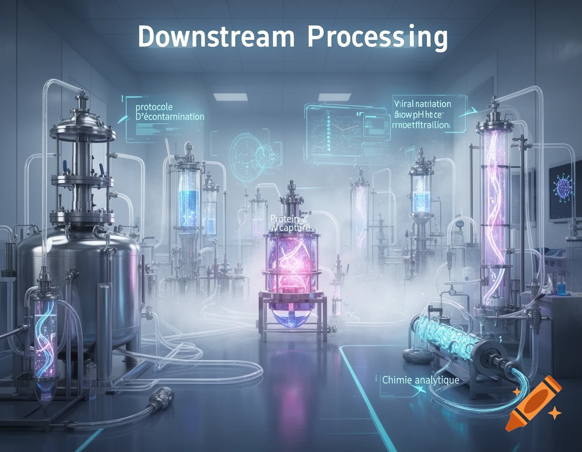 A futuristic laboratory scene with large stainless steel tanks and glowing glass bioreactors connected by pipes, representing downstream processing.