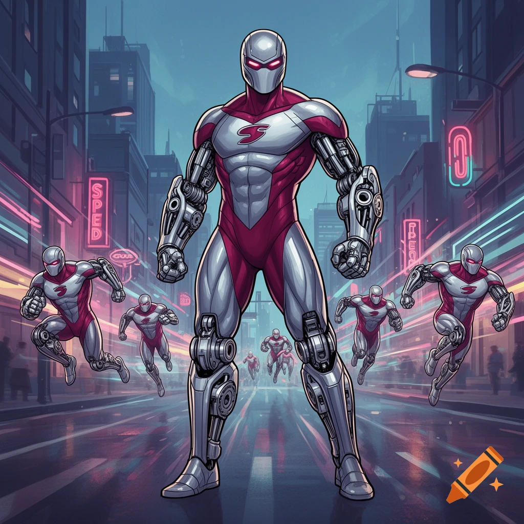 A muscular superhero in a red and silver robotic suit stands prominently in a neon-lit city street, with multiple smaller versions of himself running in the background.