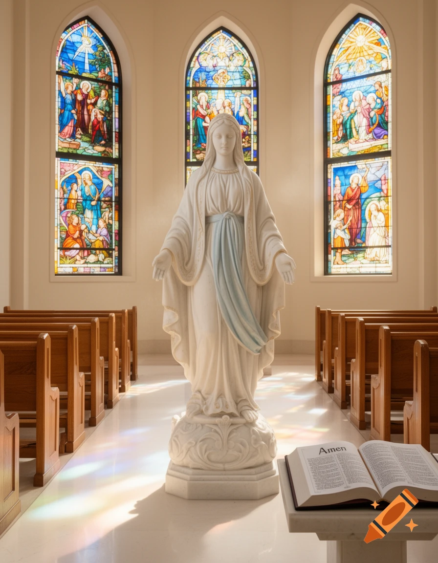 White marble statue of the Blessed Virgin Mary in a church with colorful stained-glass windows, pews, and an open Bible.