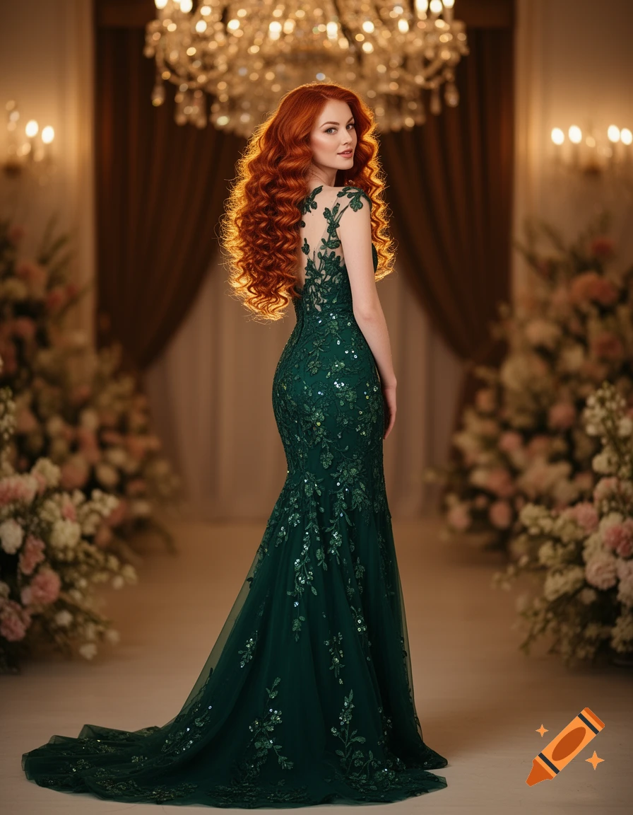 A woman with long, curly red hair wears a sparkly dark green mermaid-style gown, looking over her shoulder in a grand ballroom.