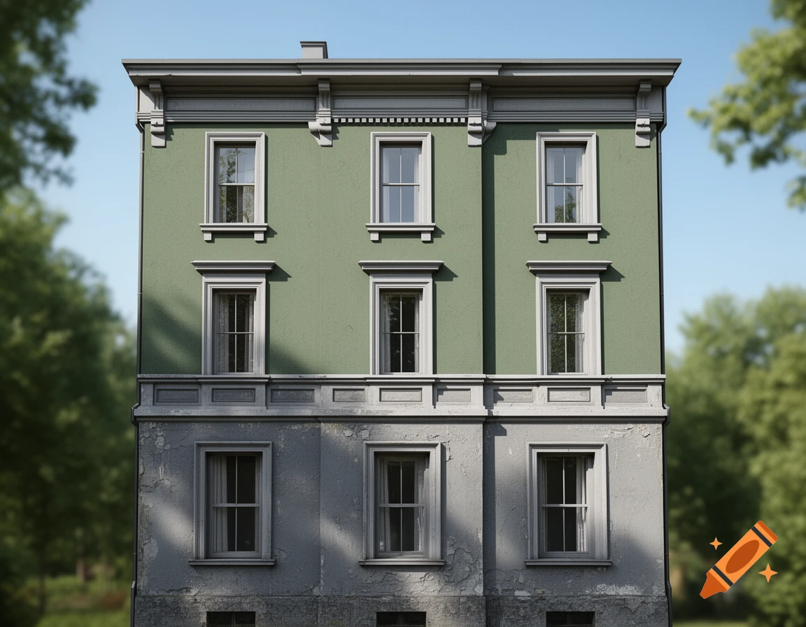A detailed facade of a three-story 1905 house with a muted green upper section and a distressed grey ground floor, framed by trees.