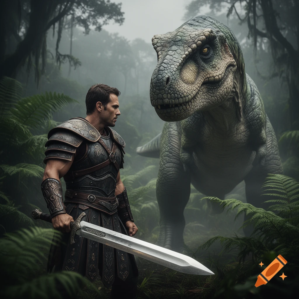 A muscular warrior in ornate armor with a sword confronts a massive T-Rex in a misty jungle, rendered in a photorealistic style.