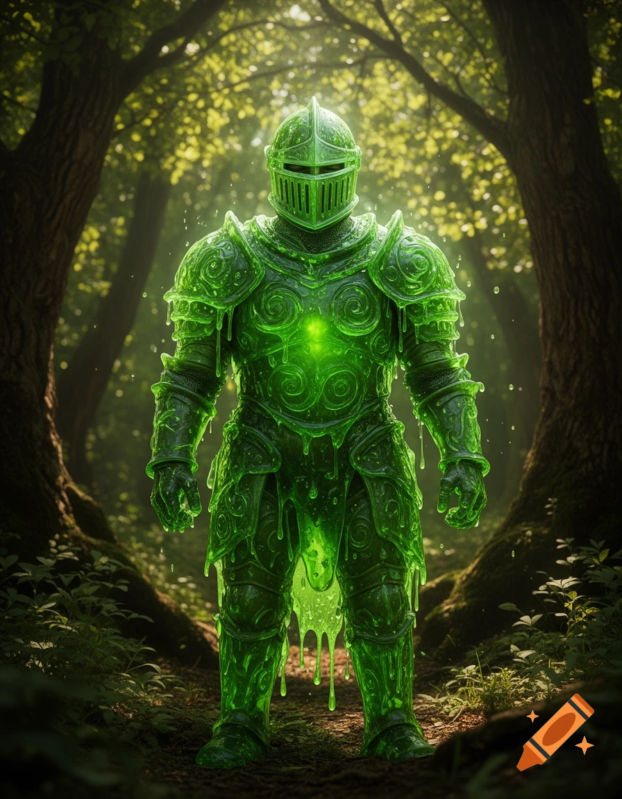 A glowing green slime knight stands in a sun-dappled forest.