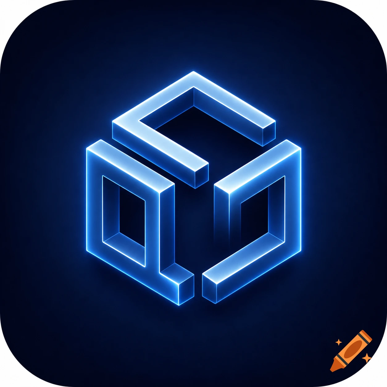 A glowing blue isometric cube with an 'L' in its negative space, on a dark, rounded square background.