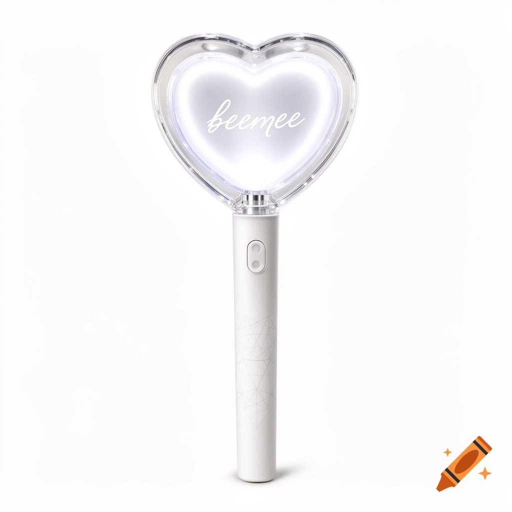 A glowing white heart-shaped K-pop lightstick with "beemee" written on it, against a white background.