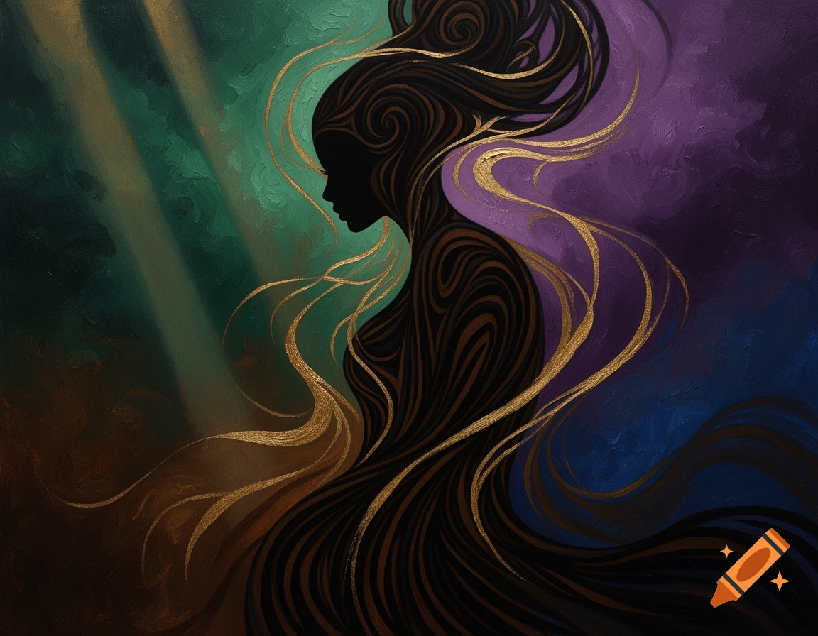 Abstract painting of a woman's silhouette with flowing gold and dark lines, against a painterly background of green, purple, and blue.