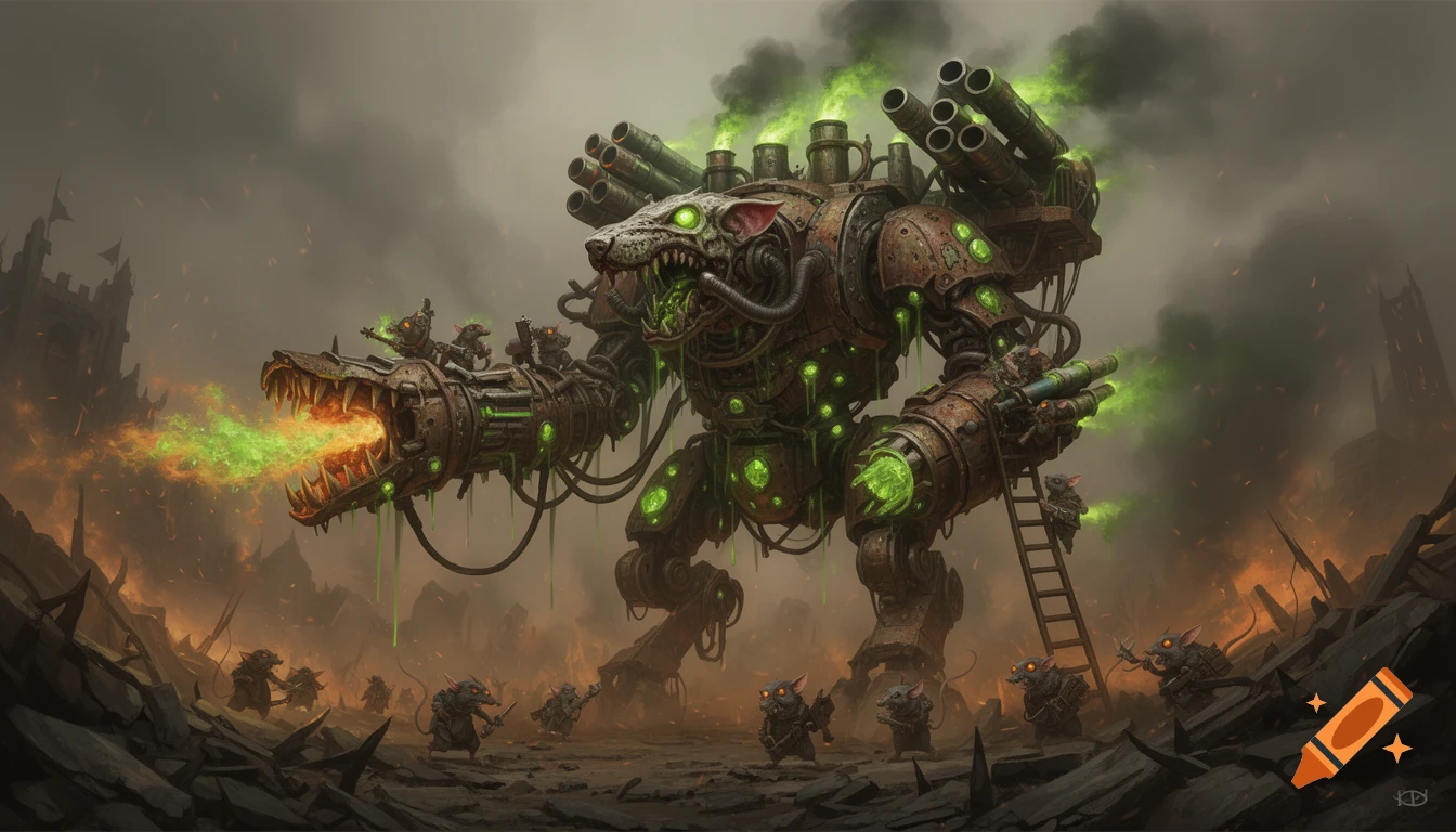 A colossal, rust-covered Skaven Titan Mech with a rat-like head and glowing green warpstone spews fire amidst ratmen on a grimdark, ruined battlefield.