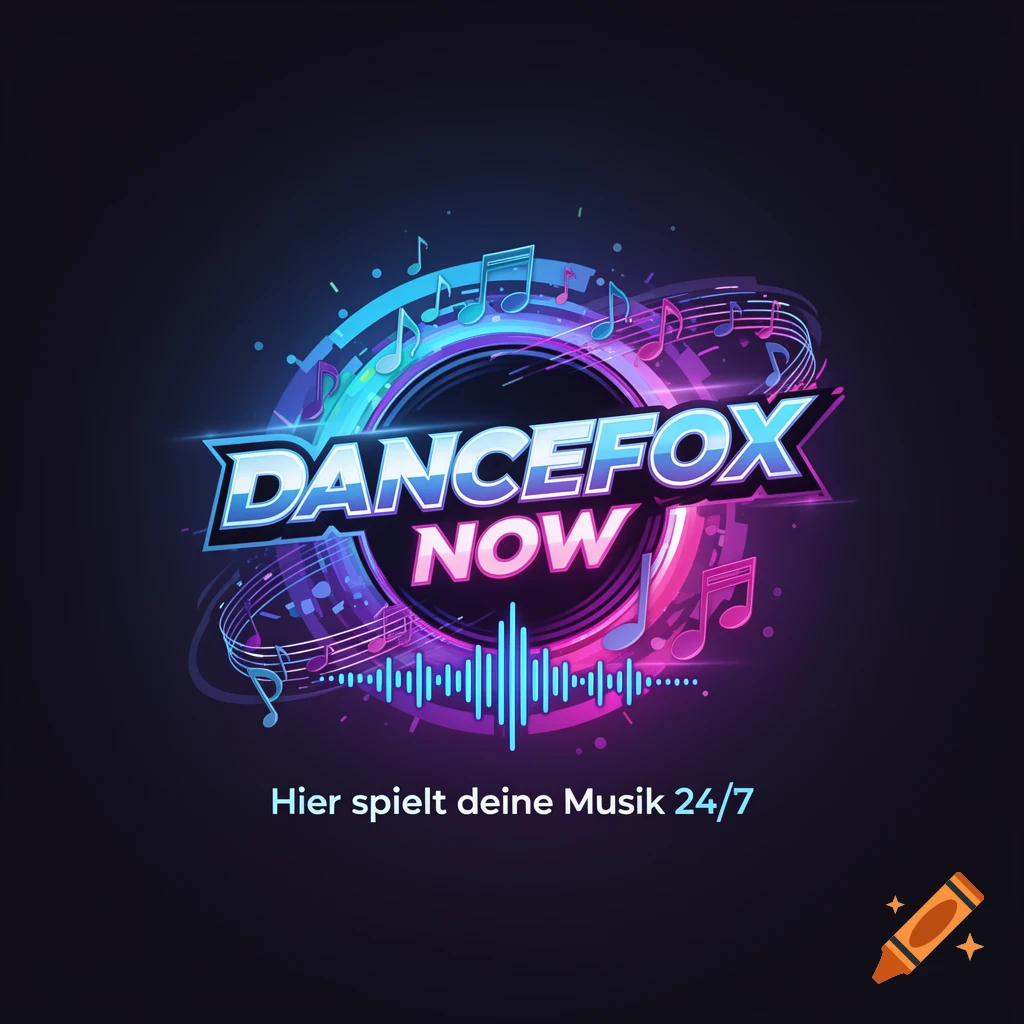 Vibrant neon-style logo for 'DANCEFOX NOW' with musical notes and sound waves, reading 'Hier spielt deine Musik 24/7' in blue and pink.