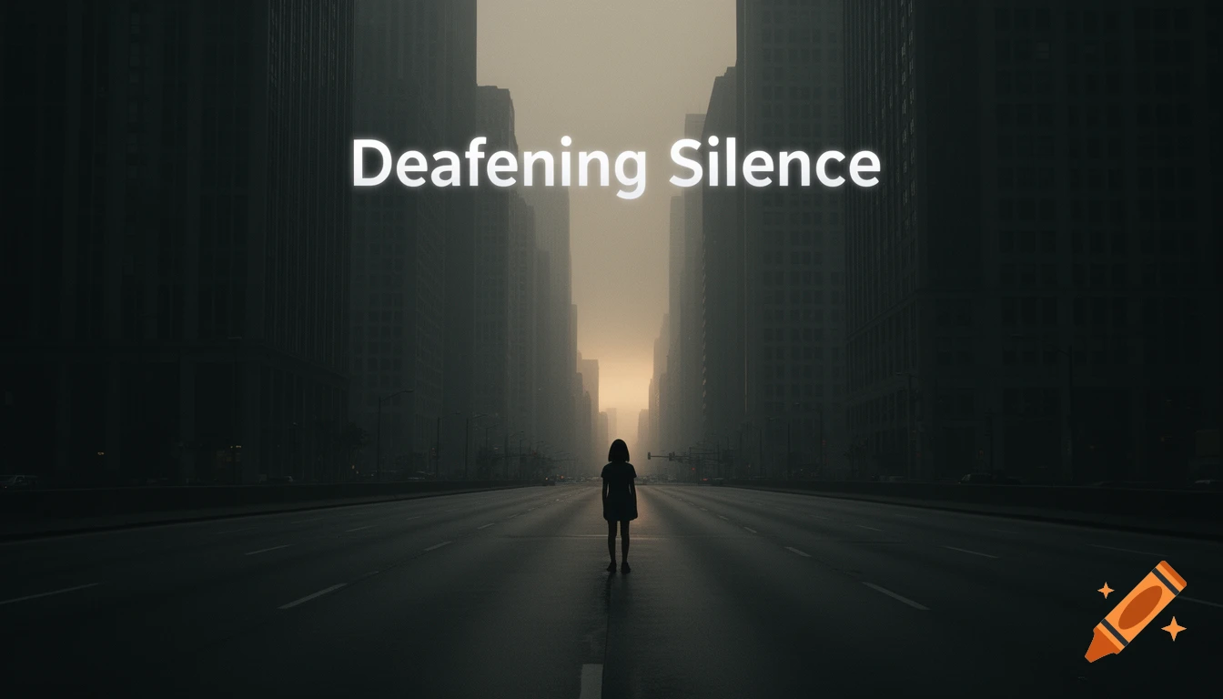 A lone silhouette of a girl stands in the middle of a dark, empty city street with tall buildings and the text 'Deafening Silence' above.
