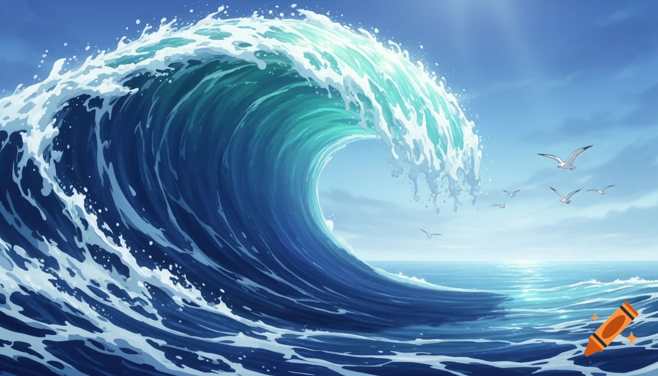 A massive blue and turquoise ocean wave barrels under a bright sky with seagulls flying. The water crashes with white foam.