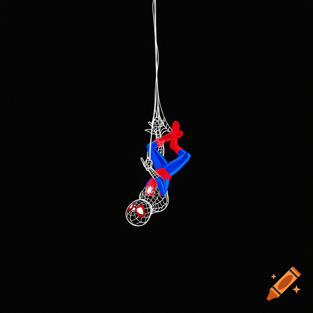 Stylized drawing of Spider-Man in a red and blue suit hanging upside down from a white web on a black background.