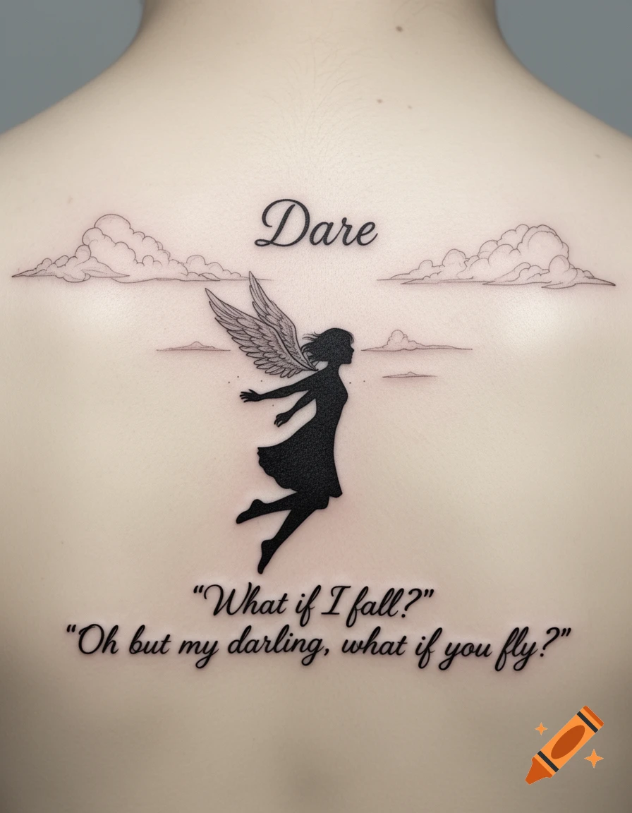 A tattoo on a back features a black silhouette of a winged girl flying above clouds, with "Dare" and the quote "What if I fall? Oh but my darling, what if you fly?"