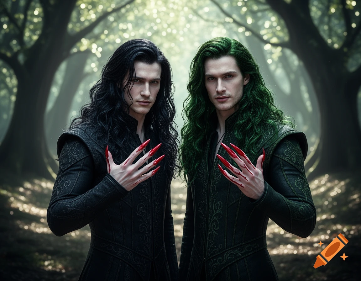 Two handsome fantasy men with long hair, one black-haired and one green-haired, wearing dark ornate clothing and long red, blood-stained nails, standing in a mystical forest.