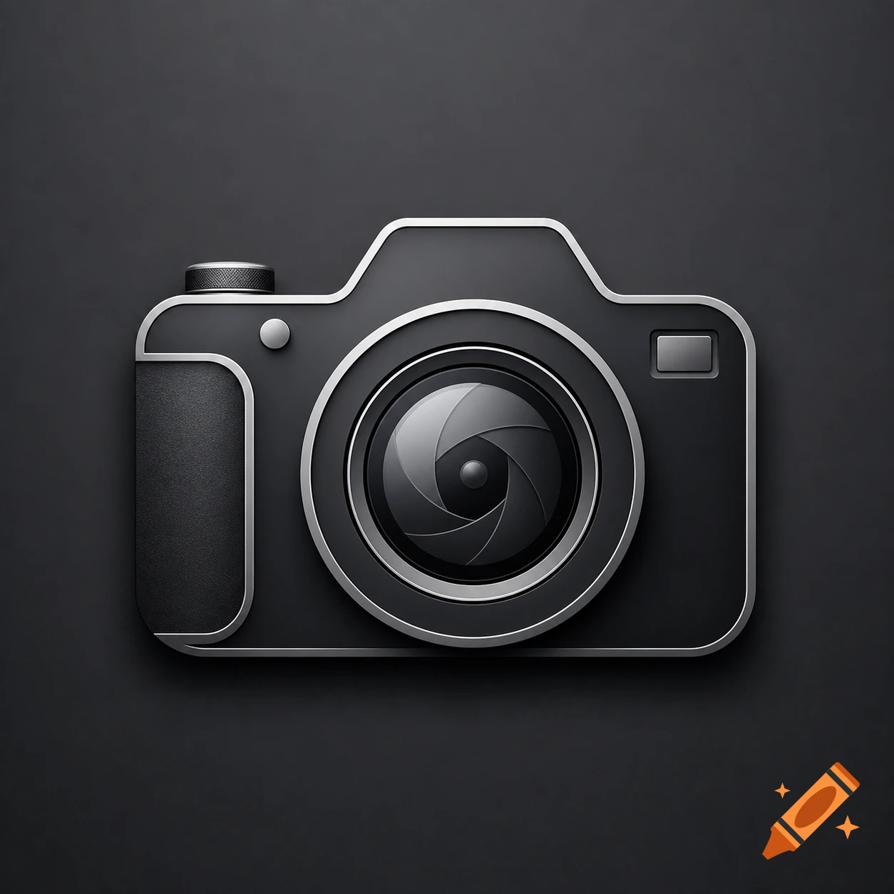 Stylized black and silver camera icon on a dark background.