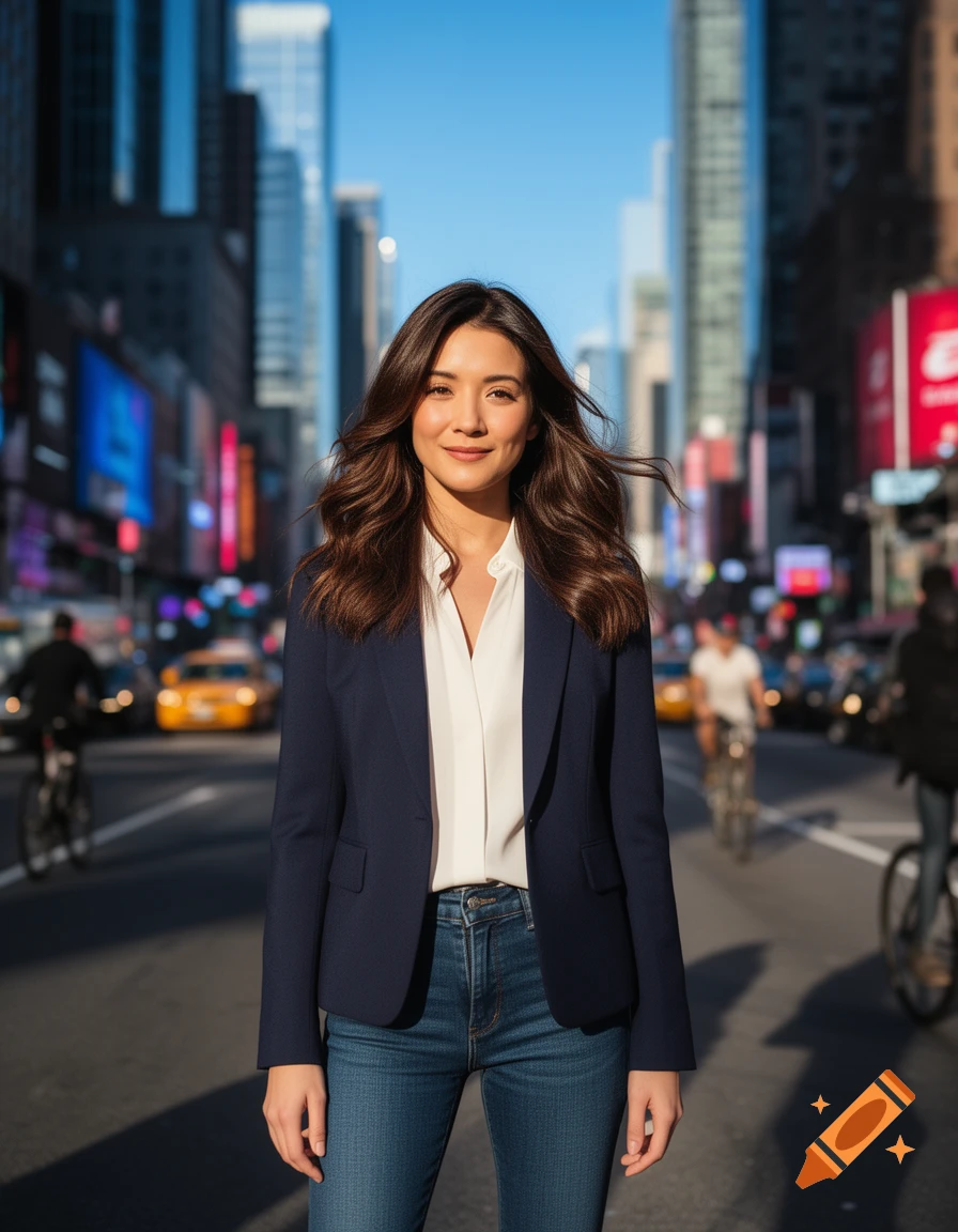 A smiling woman with long brown hair, wearing a navy blazer and jeans, stands in the middle of a busy city street with tall buildings and traffic.