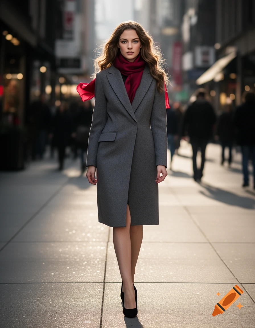 A woman in a gray coat, red scarf, and high heels walks down a sunlit city sidewalk.