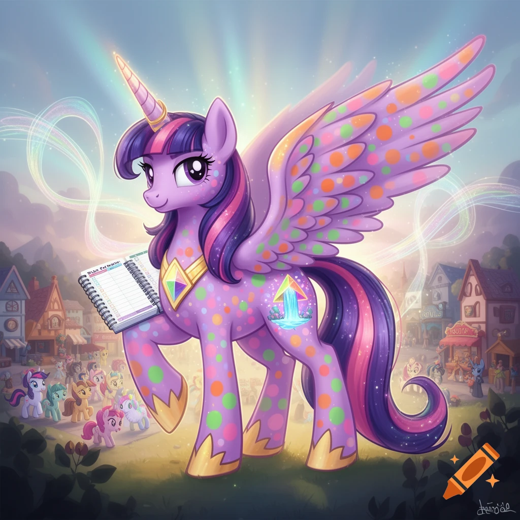 A colorful purple alicorn with polka dots, a rainbow mane, and wings stands in a village, holding an open planner.