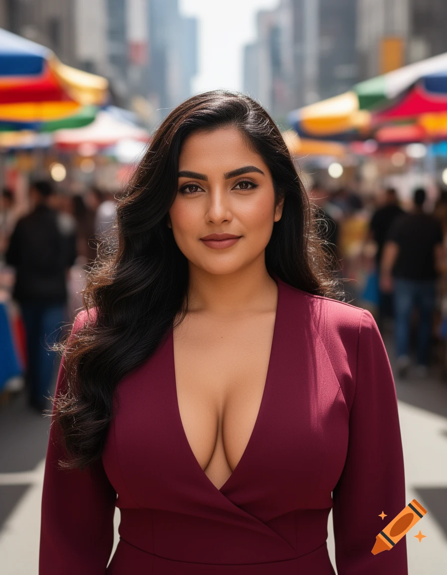 Photorealistic portrait of a Latina woman in a deep red top, standing on a bustling city street with colorful market stalls.