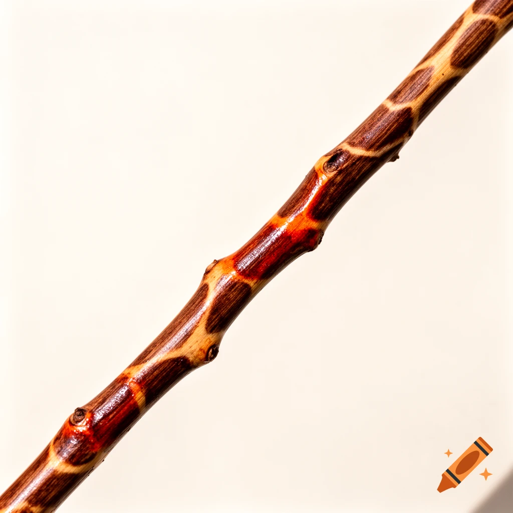 Close-up of a polished wooden branch with dark brown giraffe-like patterns and reddish-orange sections, set against a cream background.