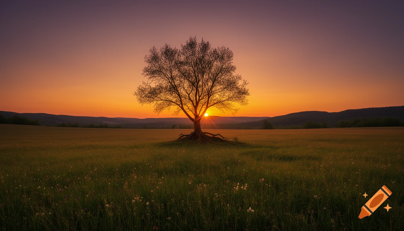 Photorealistic image of a lone tree silhouetted against a vibrant golden and purple sunset over a grassy field with distant hills.