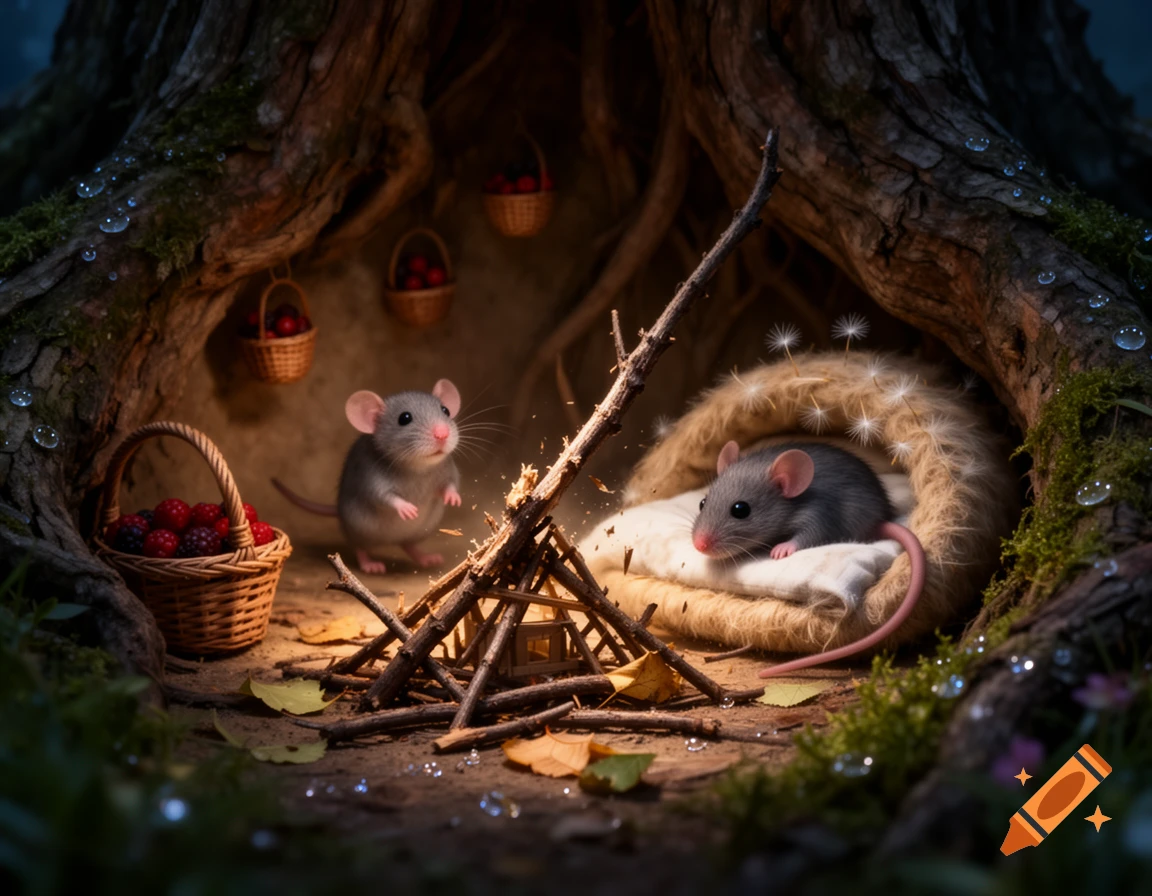 Two adorable grey mice in a cozy burrow under a tree root, one standing by a twig fire, the other nestled in a fluffy bed, with baskets of berries nearby, in a magical forest setting.
