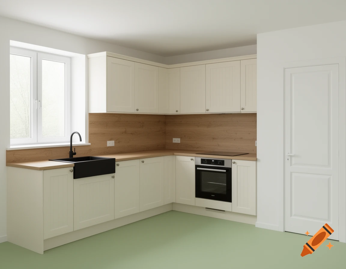 Modern kitchen with cream cabinets, wood countertop, black sink, oven, and light green floor.