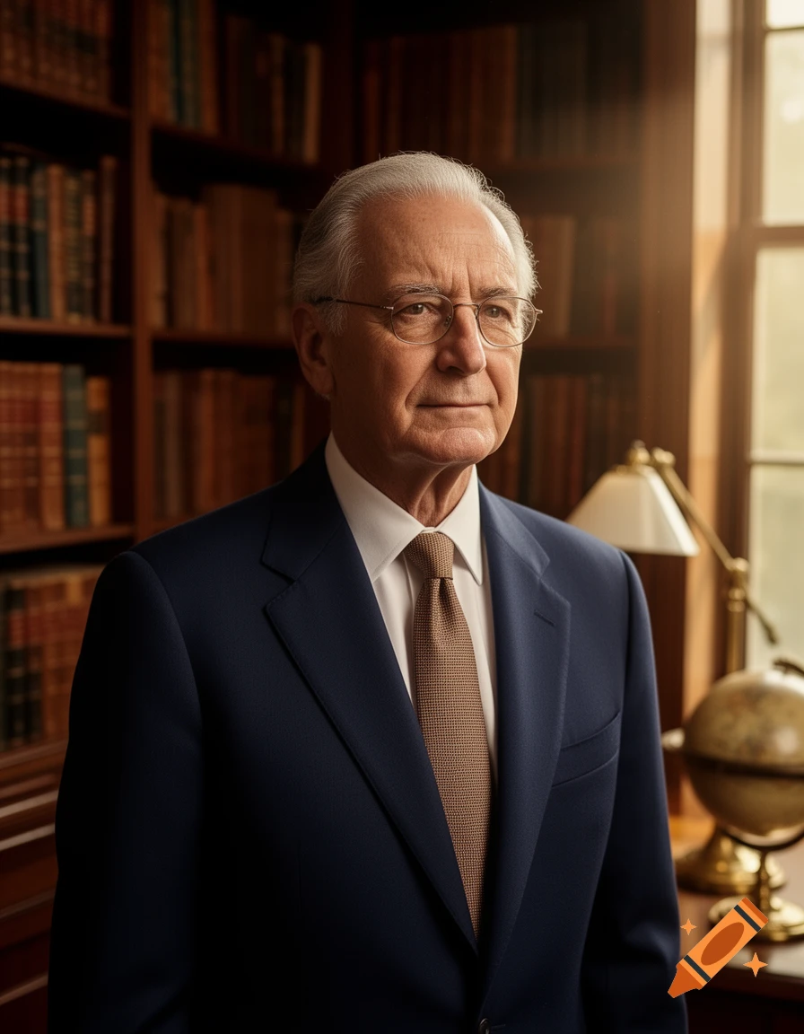 Photorealistic portrait of an older man with gray hair and glasses, wearing a navy suit and tie, standing in a library.