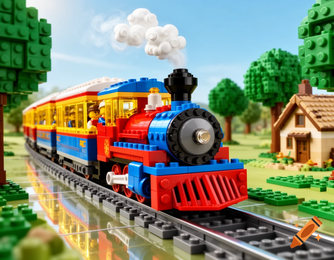 A vibrant red and blue Lego train pulls yellow coaches through a sunny green landscape with Lego trees and a small house, reflected on a shiny surface.