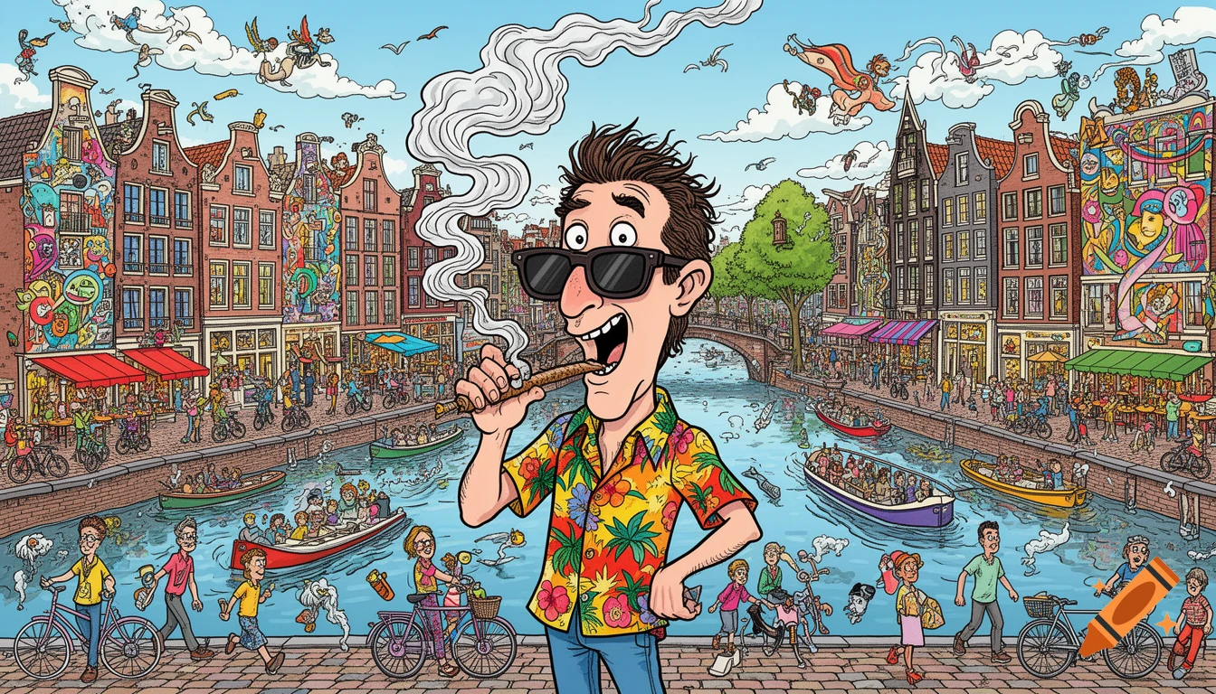 Detailed cartoon of a man smoking a cigar in a busy, Where's Wally style Amsterdam cityscape with canals and boats.