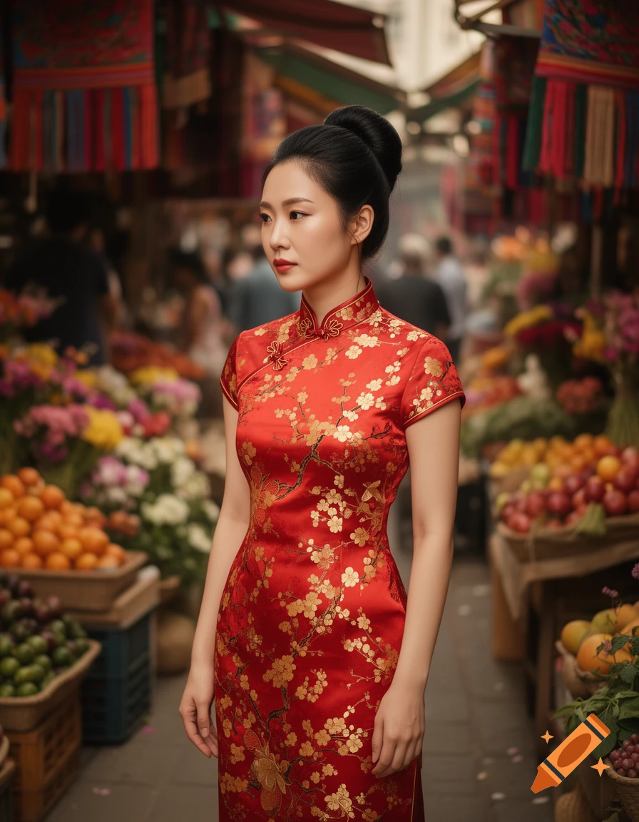 A Chinese woman in a red cheongsam with gold floral patterns stands in a bustling market.