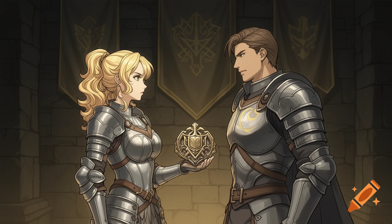 A blonde female knight in plate armor holds a golden crest, facing a male warrior in a dimly lit chamber, manga art style.