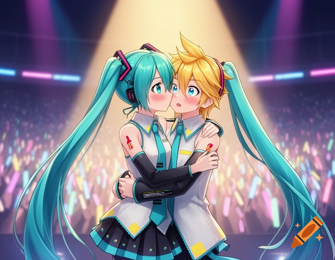 Anime characters Hatsune Miku and Kagamine Len share a kiss on stage during a concert, with Miku hugging Len.
