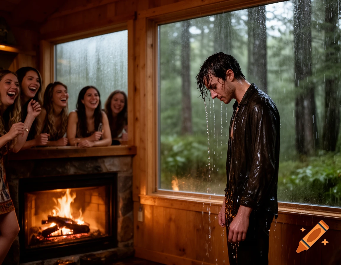 A wet man stands under falling rain outside a rustic wooden cabin, while several women inside laugh and watch him through a large window next to a cozy fireplace.