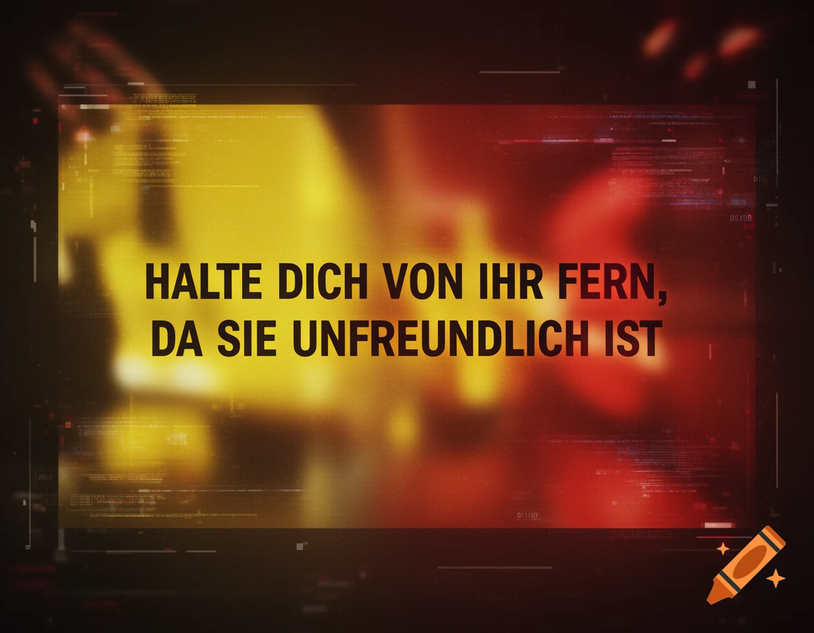 Glitch-style news graphic with blurred red and yellow background, showing German text: 'HALTE DICH VON IHR FERN, DA SIE UNFREUNDLICH IST'.