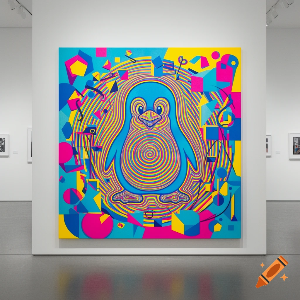 An abstract, colorful optical illusion painting of Tux the Linux penguin, composed of geometric shapes and lines, displayed in a modern art gallery.