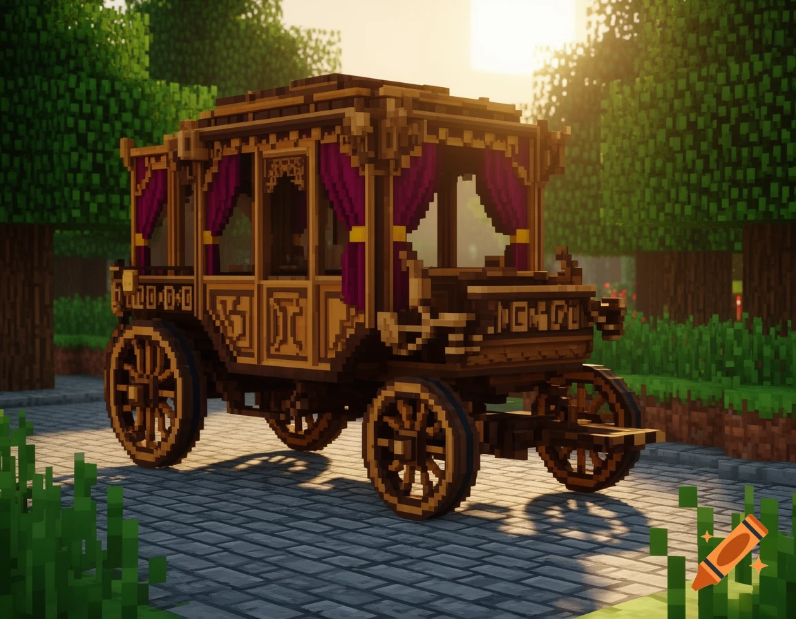 A detailed pixel art Victorian coach with purple curtains on a cobblestone path, surrounded by blocky trees at sunset.