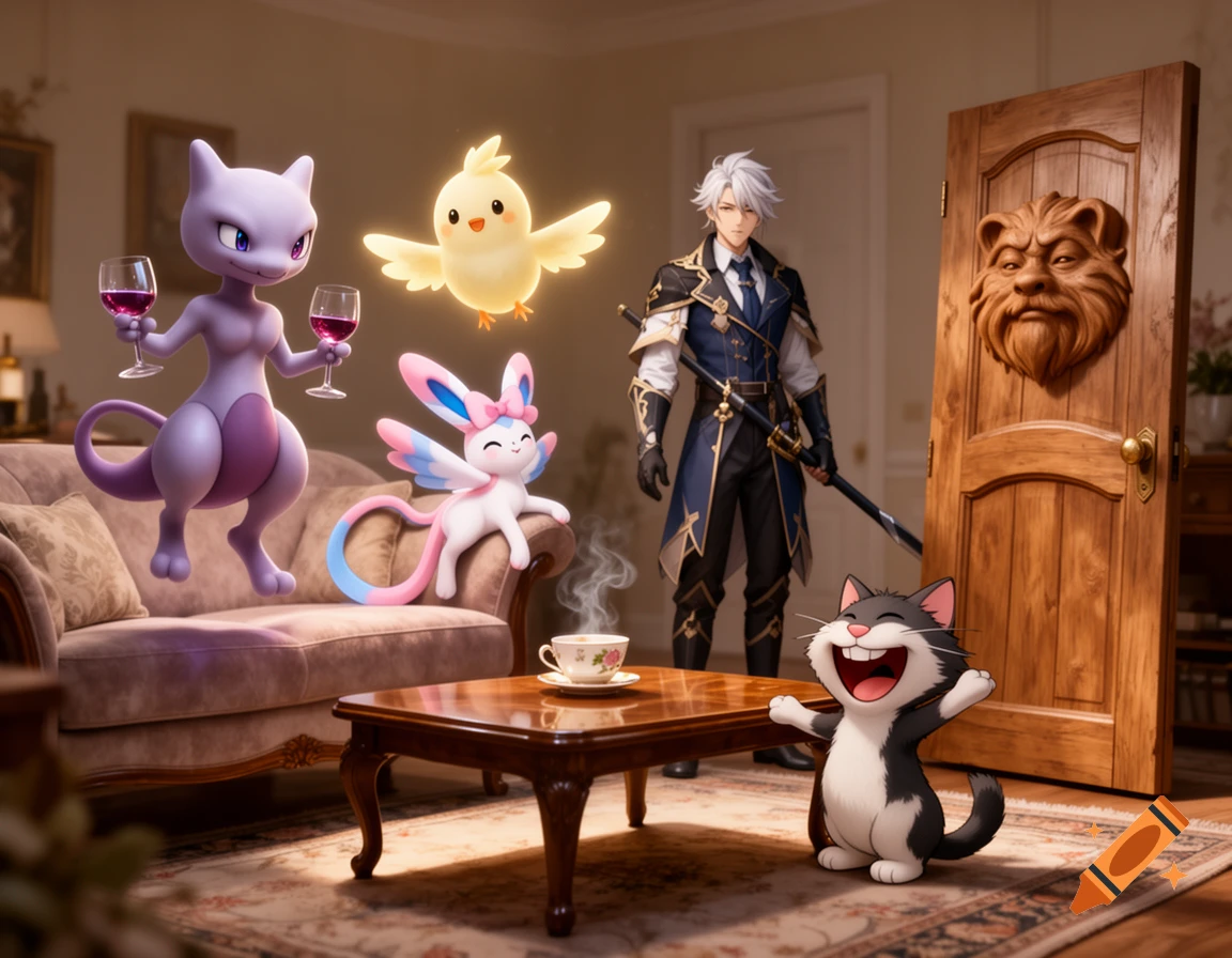 Mewtwo floats with wine, Sylveon, a chick, an anime man, and a grinning cat in an elegant living room with a lion-faced door.