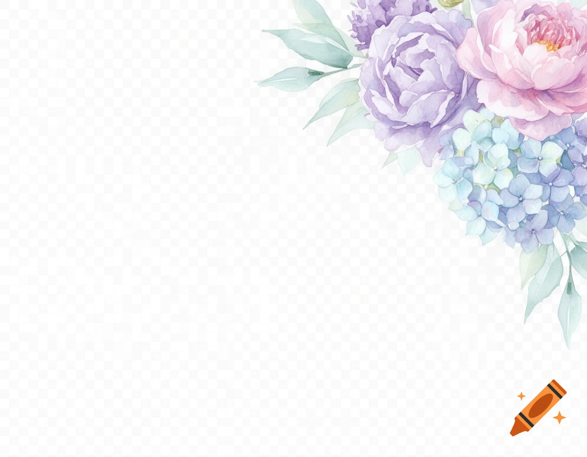 A pastel watercolor floral cluster with lavender peonies and hydrangeas, light aqua and sage leaves, on a transparent background, wrapping the upper right corner.