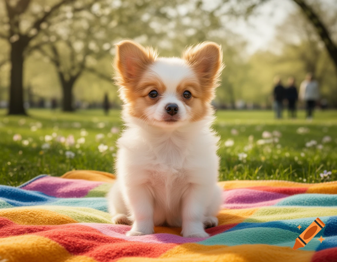A fluffy white and tan puppy with large ears sits on a striped rainbow blanket in a sunlit park.
