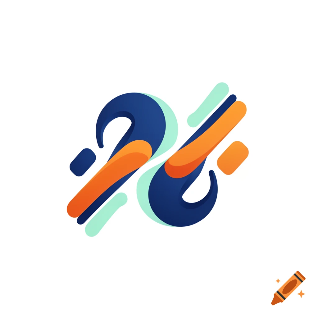 Abstract logo featuring intertwined dark blue and orange shapes, accented with light teal lines, on a white background.