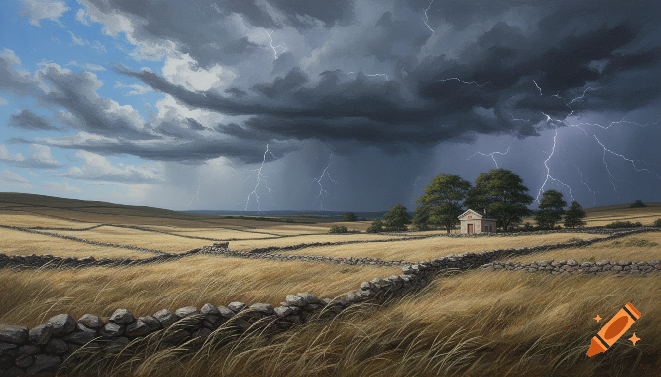 A dramatic oil painting shows a vast field with stone walls and a distant house under a stormy sky with lightning.