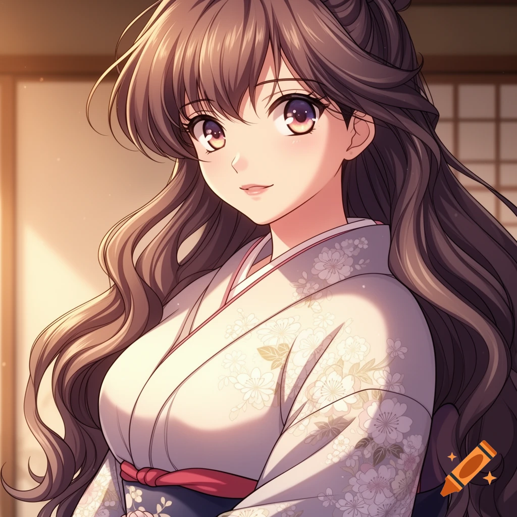 An anime girl with long brown hair, wearing a white kimono with floral patterns, smiling softly.
