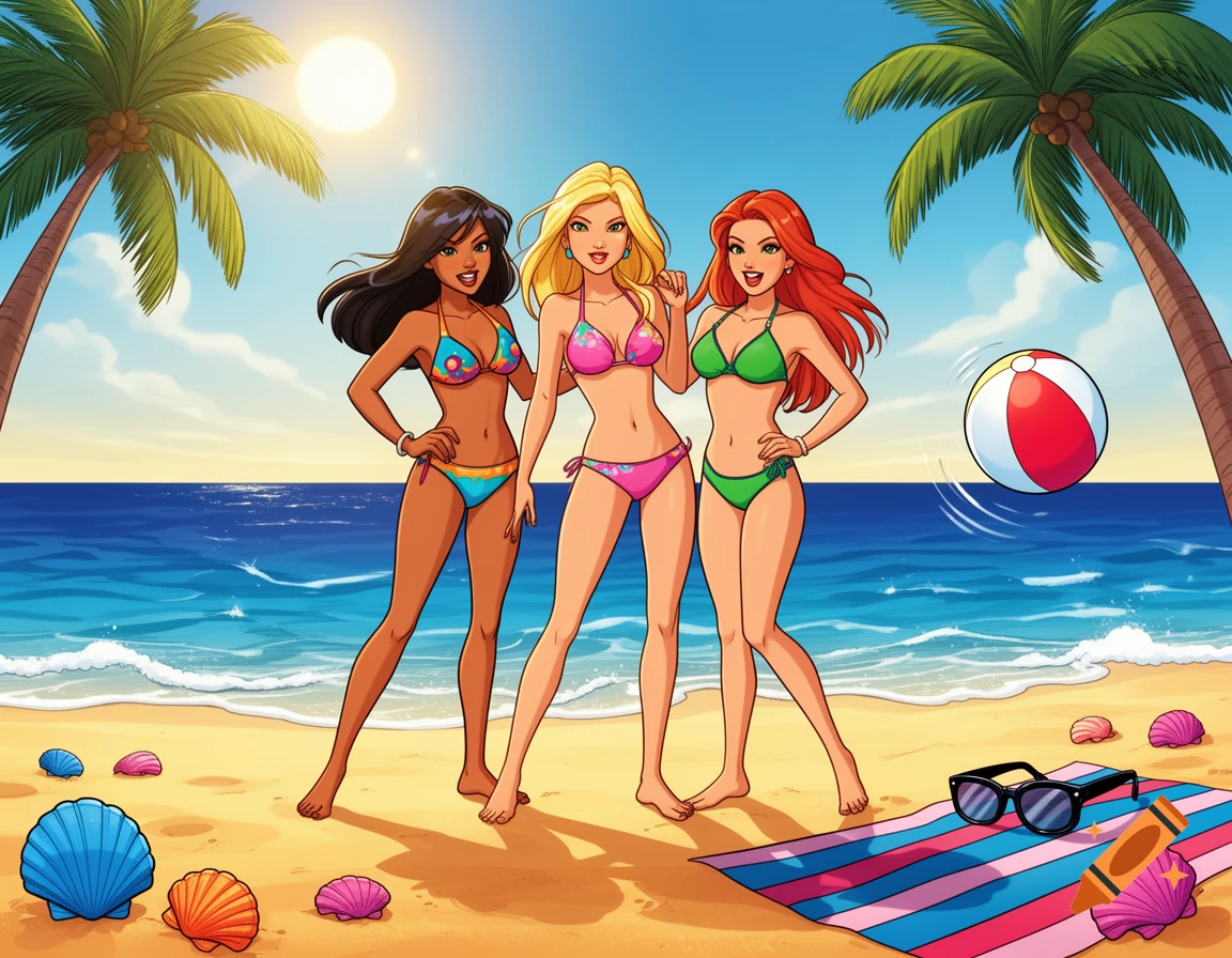 Three cartoon women in bikinis pose on a sunny beach with palm trees and the ocean.
