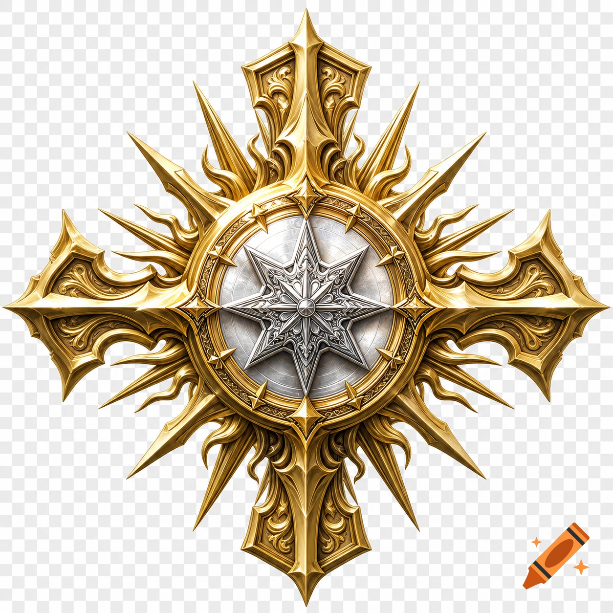 A majestic golden sun emblem with elegant rays surrounding a silver divine core, featuring a small silver star-shaped crest, on a transparent background.