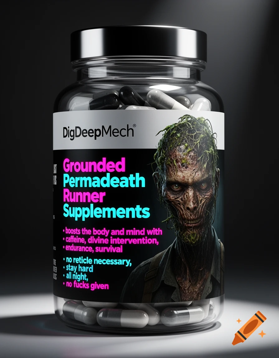 A photorealistic glass jar of "Grounded Permadeath Runner Supplements" with a grotesque zombie-like "clicker" face on the label.