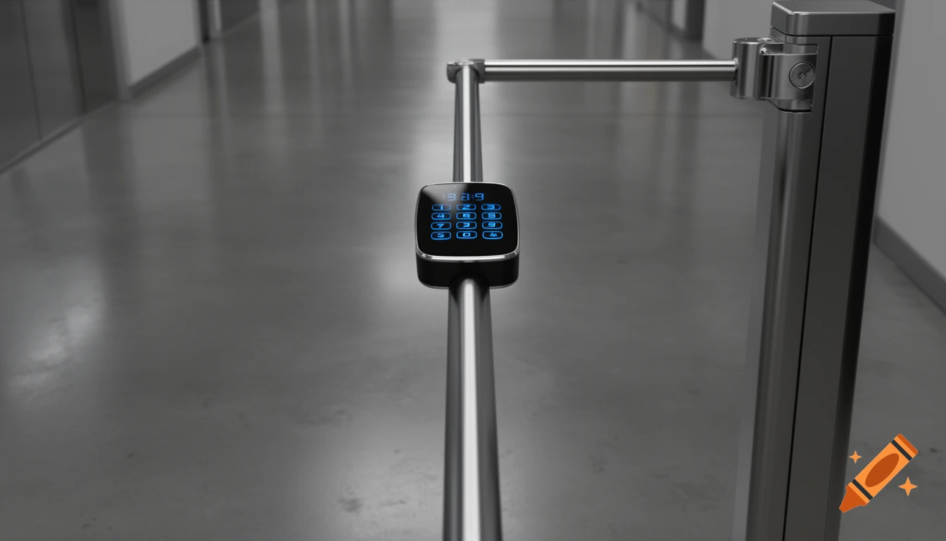 A modern security keypad with blue illuminated numbers mounted on a polished metal pole in a sleek, minimalist corridor.