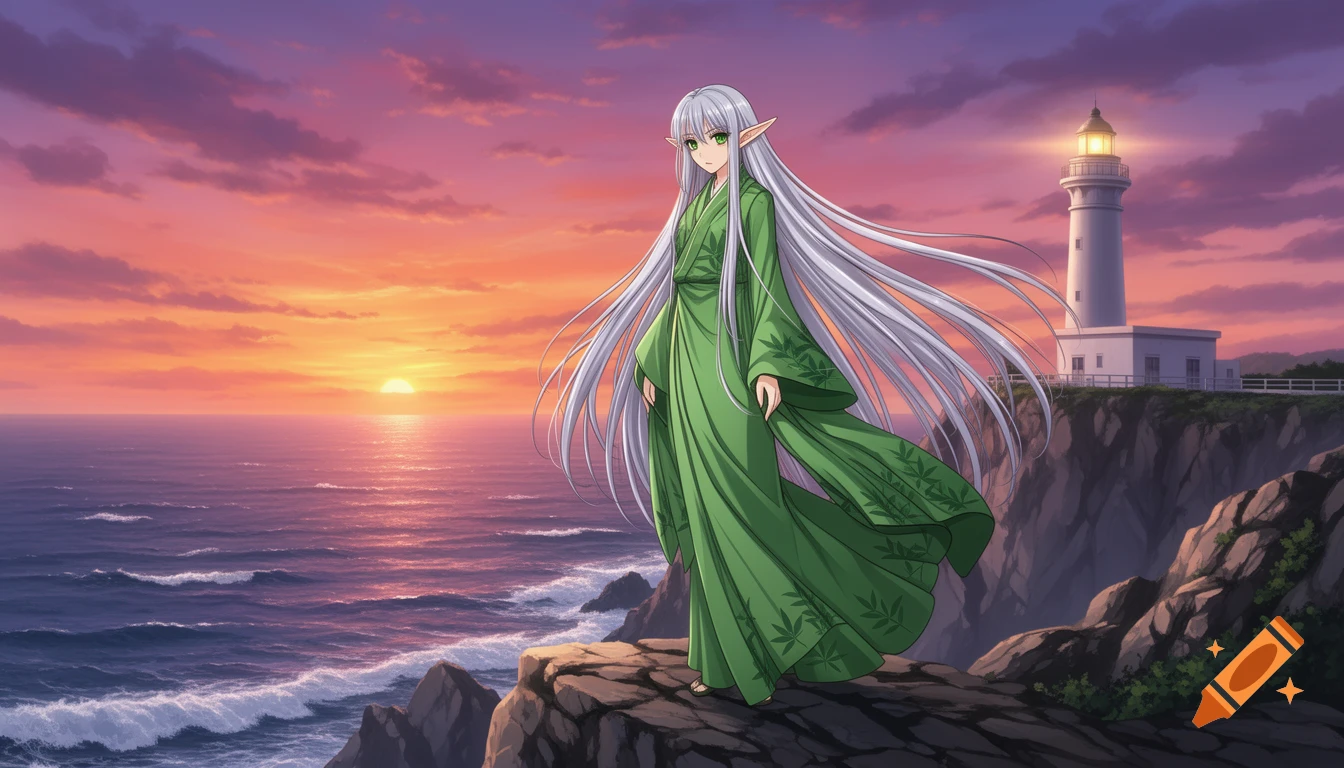 An anime elf girl with long silver hair and a green robe stands on a cliff overlooking the ocean with a lighthouse in the background at sunset.