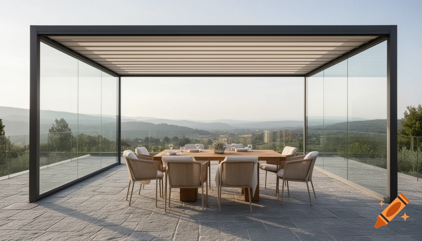 A modern outdoor terrace with a retractable roof and glass walls, featuring a wooden dining table set for eight, overlooking a scenic mountainous landscape.
