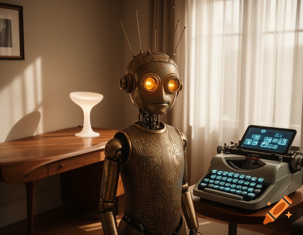 A bronze robot with glowing orange eyes stands next to a wooden desk with a retro-futuristic typewriter, in a room with warm lighting.
